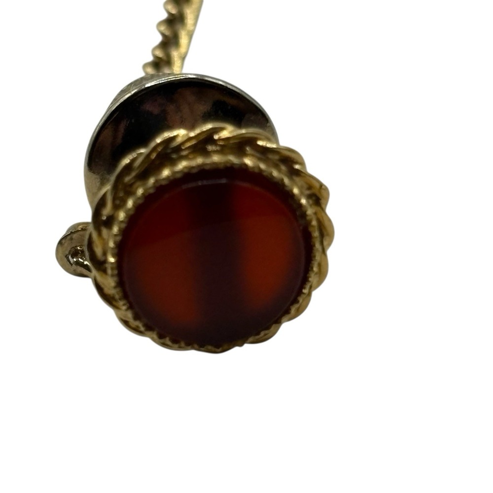 Carnelian Agate Tie Tack Vintage Pin Round W Chain Gold Tone Twisted Edges Stone - Picture 6 of 10